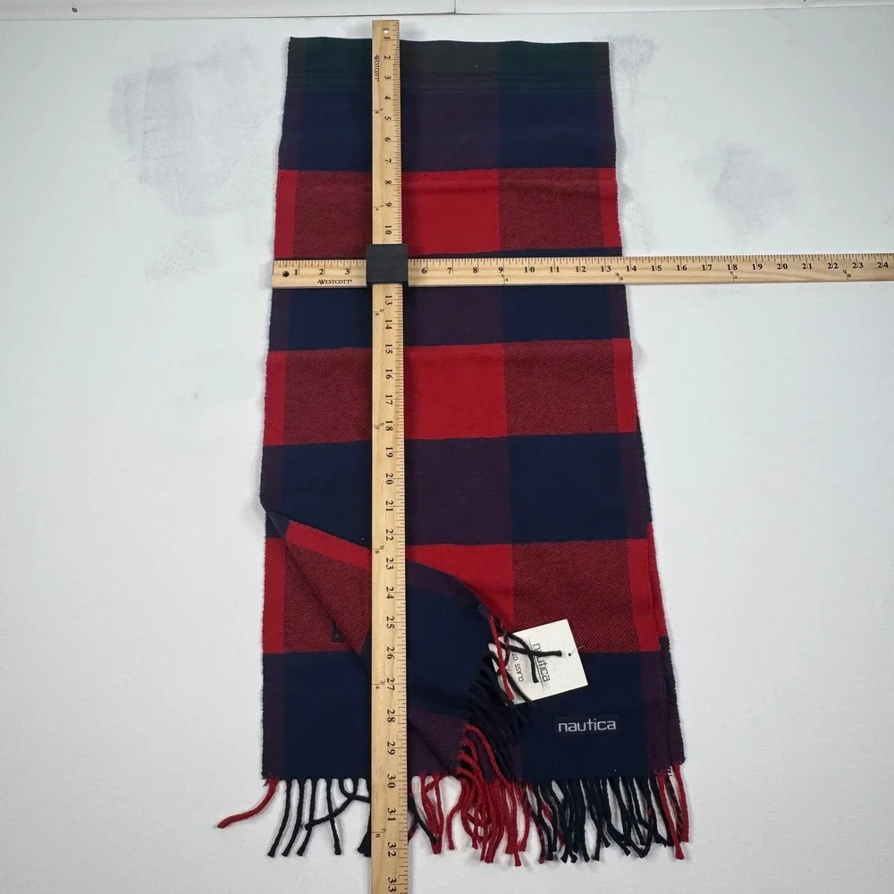 Nautica Vintage Scarf Red Navy Blue Buffalo Plaid Check Fringed Winter NWT
